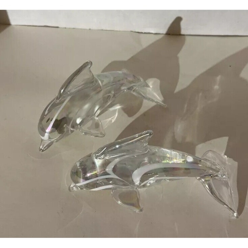 Dolphin hand blown glass  Irredecent   white swirls 4" Pele's Glass Hawaii Set 2
